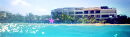view of the Residencias Reef complex from the waters of Caribbean.  With the condos beachfront location marked with a star.